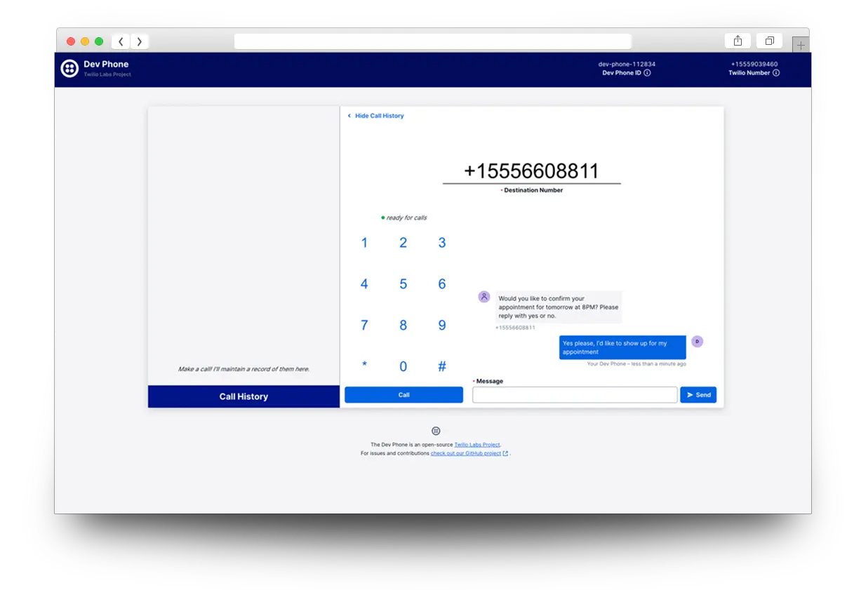 Dev Phone interface with dial pad, call history, and messaging feature.