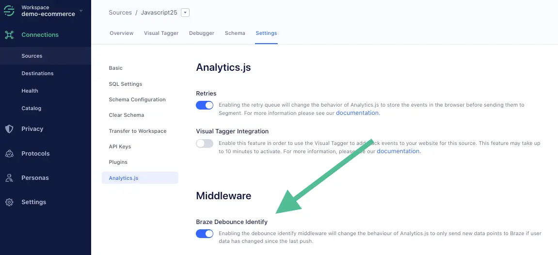 Settings page showing Braze Debounce Identify middleware toggle enabled.
