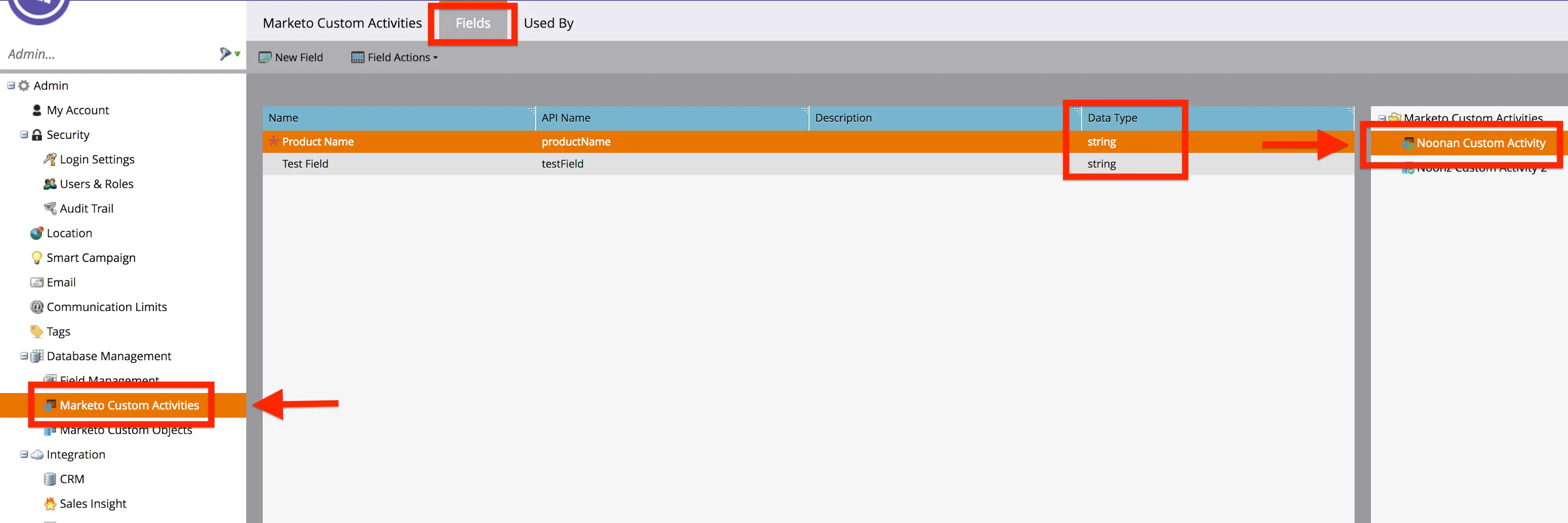 Fields tab in Marketo Custom Activities showing Product Name and Test Field with string data type.