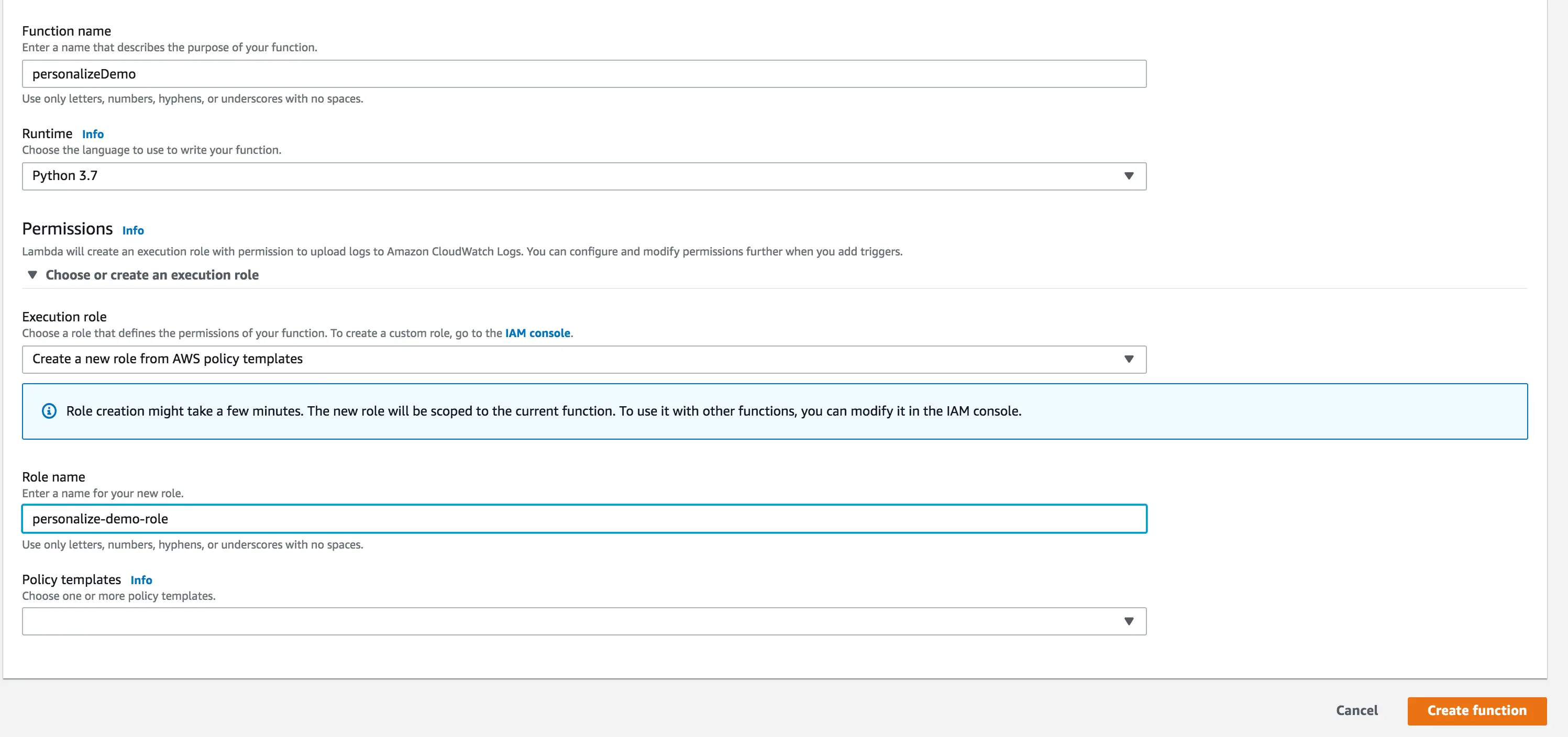 A screenshot of the AWS Lambda function settings page.