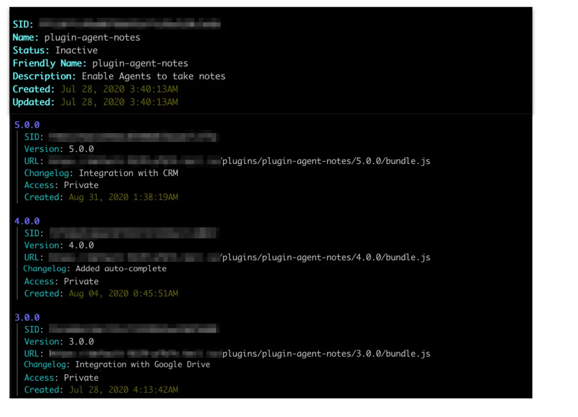Plugin details for agent notes, including SID, version, URL, changelog, access, and creation date.