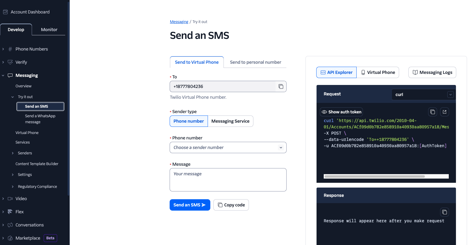 Twilio interface for sending an SMS, with message input fields, sender type selection, and a curl request example.