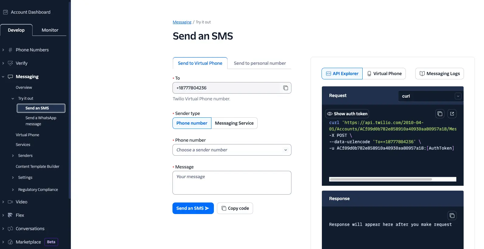 Twilio SMS interface with fields for recipient, sender type, message, and curl request example.