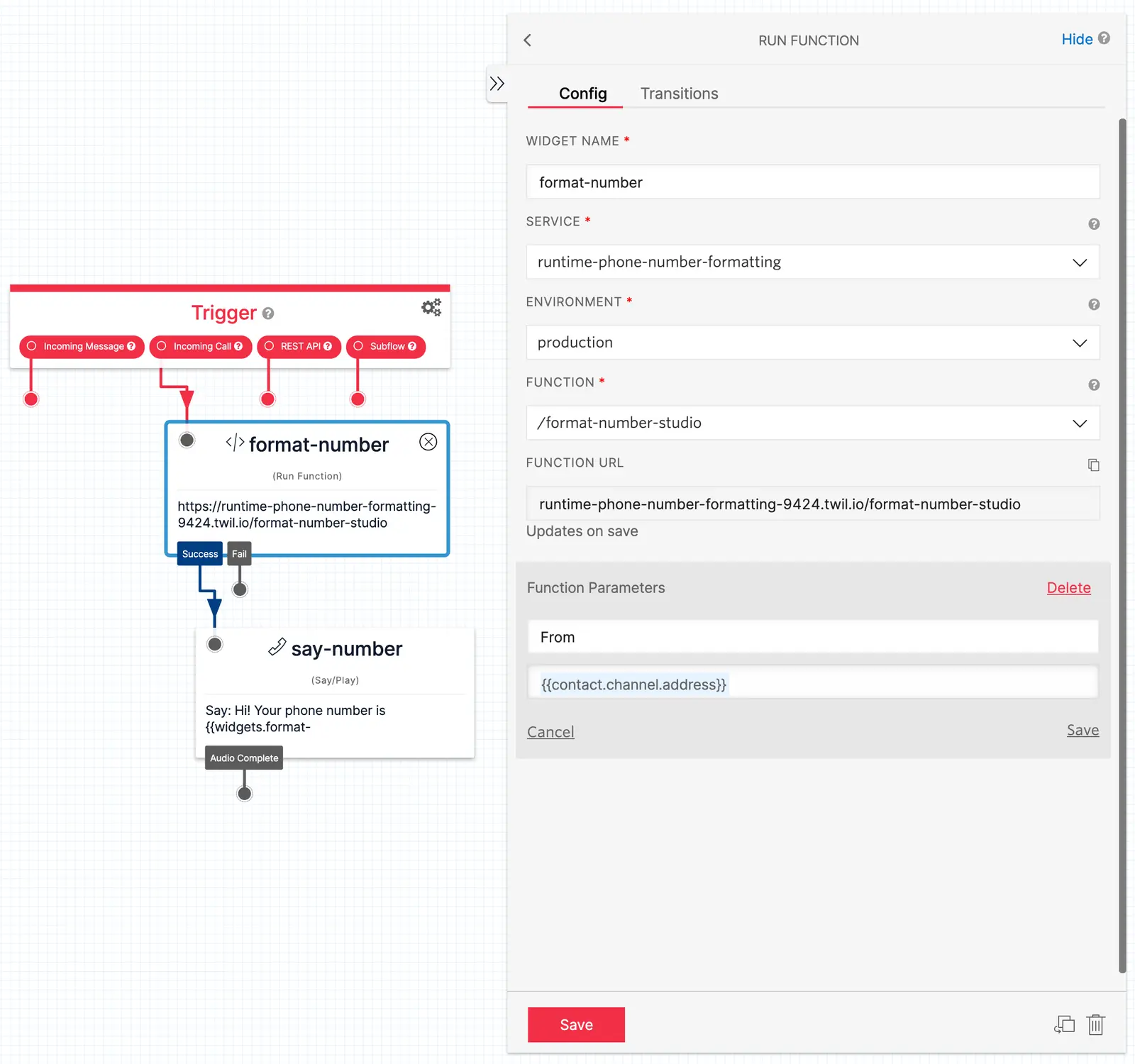Twilio Studio Flow with Run Function widget for phone number formatting.