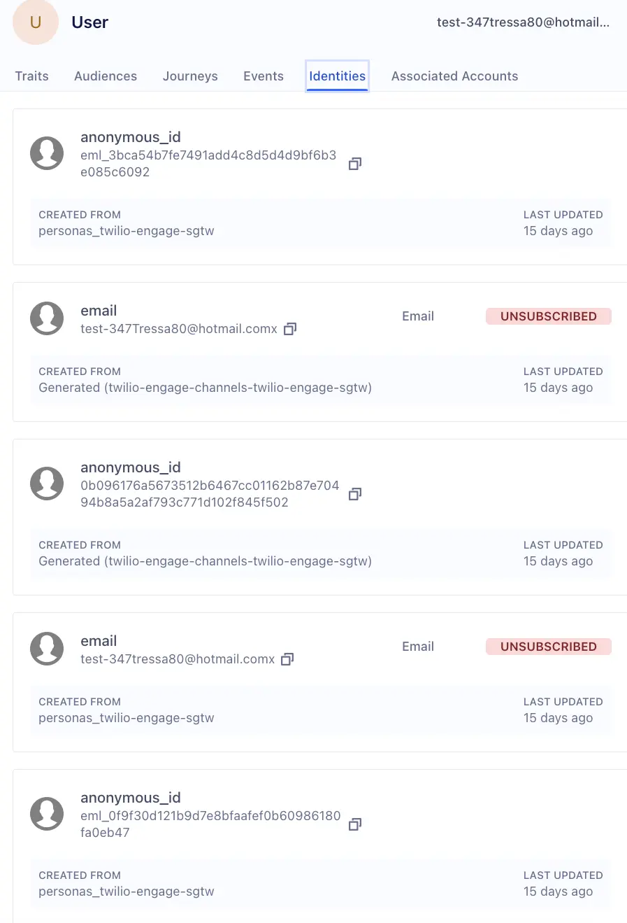 User profile showing anonymous IDs and email with unsubscribe status.