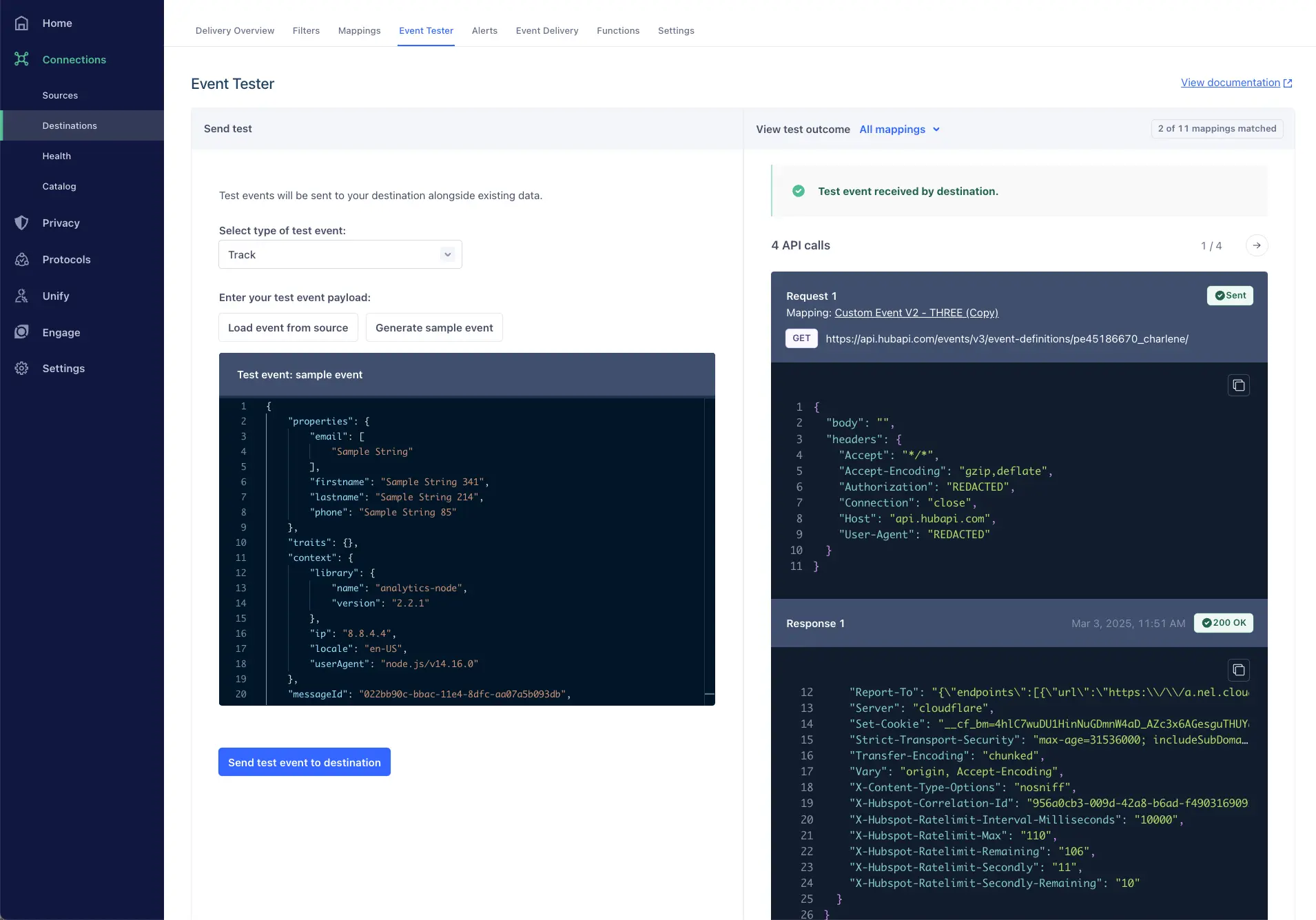 Event Tester interface showing a Track test event with 4 API calls and JSON payload.