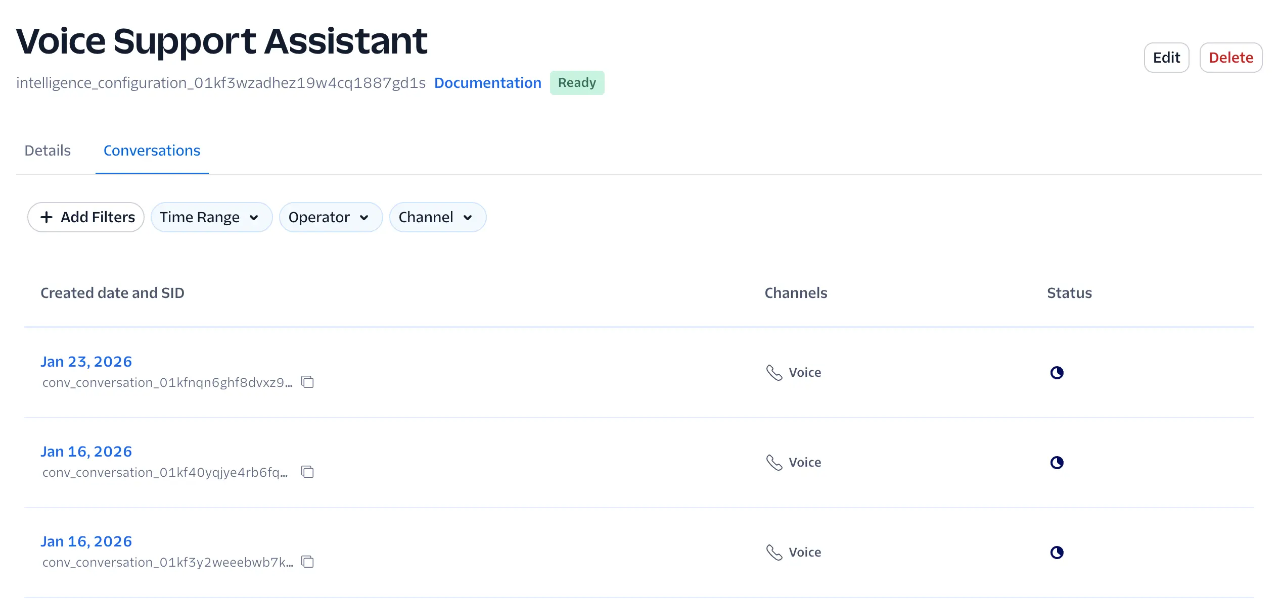 Voice Support Assistant configuration page showing a list of conversations