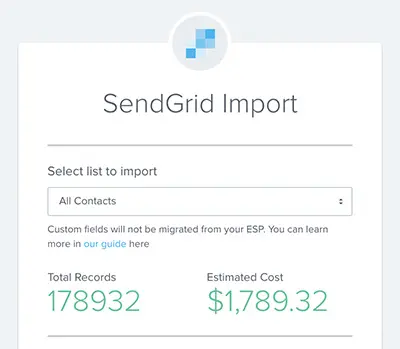 SendGrid import page showing 178,932 total records and estimated cost of $1,789.32.