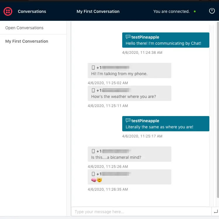 Chat interface showing a conversation with messages about weather and communication.