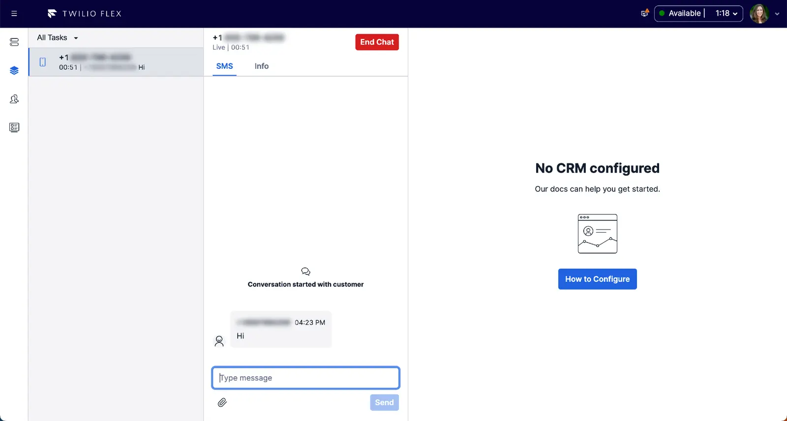 Agent View for an active SMS task.