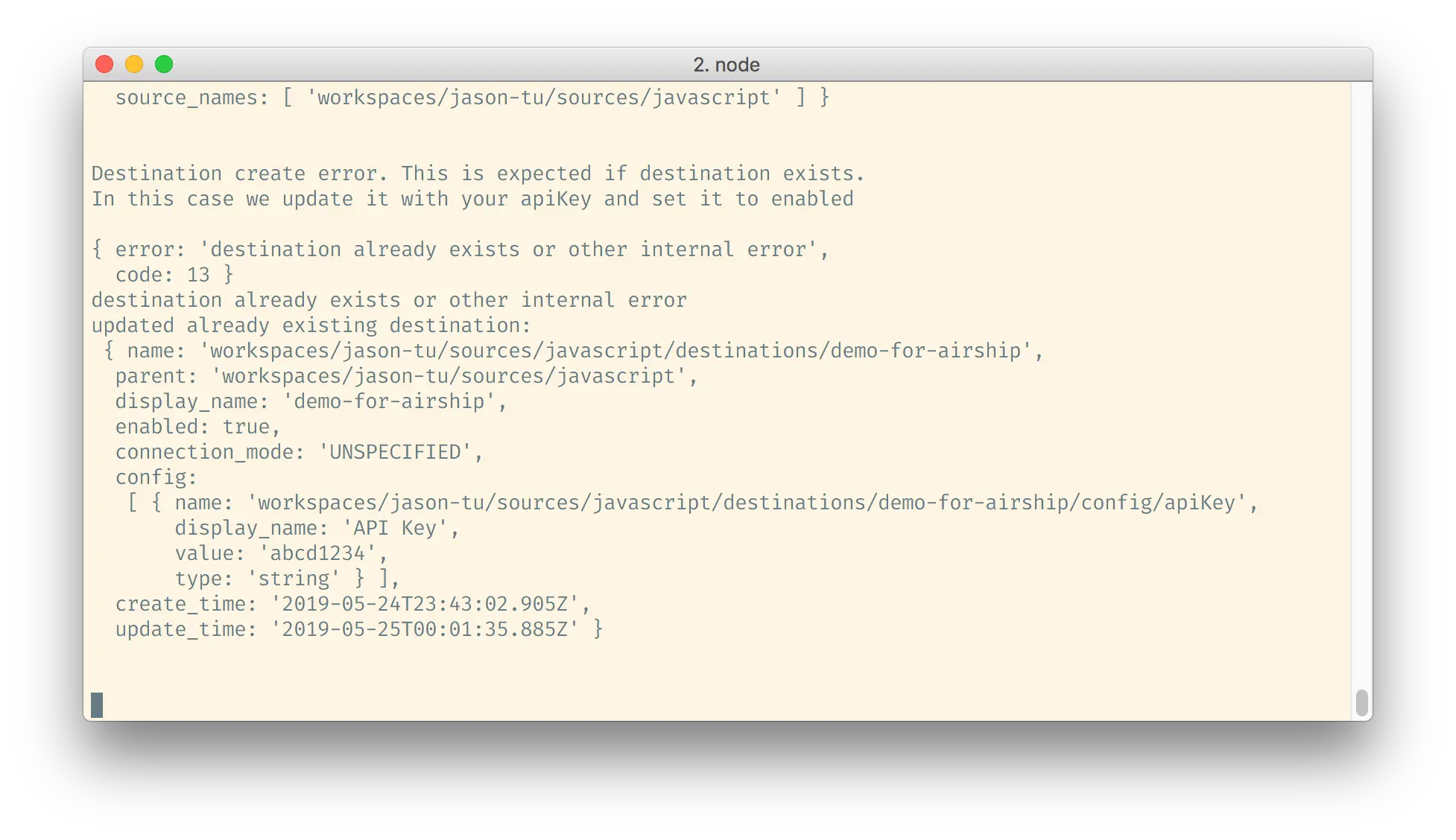 Error message indicating destination already exists with API key configuration details.