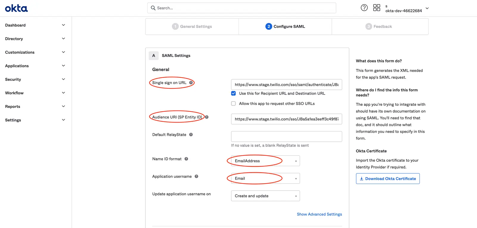 Okta settings showing response and assertion signature as signed, and assertion encryption as unencrypted.