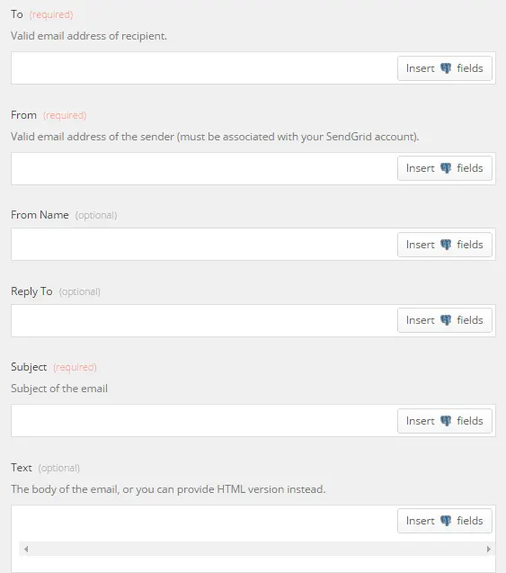 Email creation form with fields for To, From, Subject, and Text.