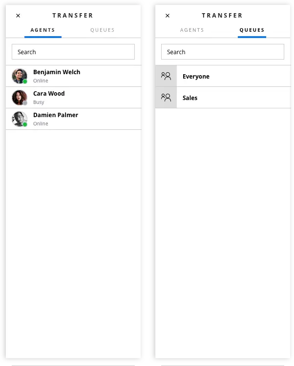 Transfer interface with tabs for Agents and Queues, showing agent statuses and queue names.