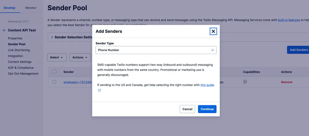 Twilio interface showing 'Add Senders' dialog with options for sender type and phone number.