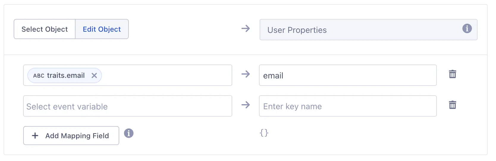 Mapping traits.email from Segment to Mixpanel's email field.