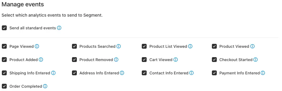 Manage events settings with options for standard analytics events like Page Viewed and Checkout Started.