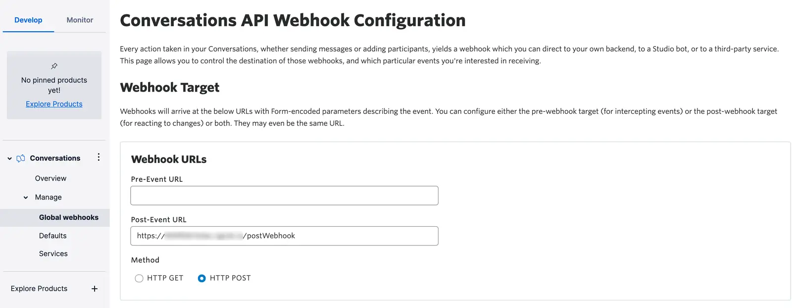 Twilio Console showing webhook configuration with pre-event and post-event URL fields.