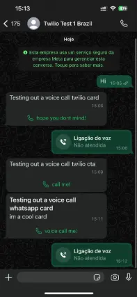 WhatsApp chat showing voice call attempts and messages with Twilio Test 1 Brazil.