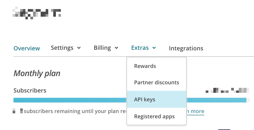 Mailchimp Extras menu open with API keys option highlighted.