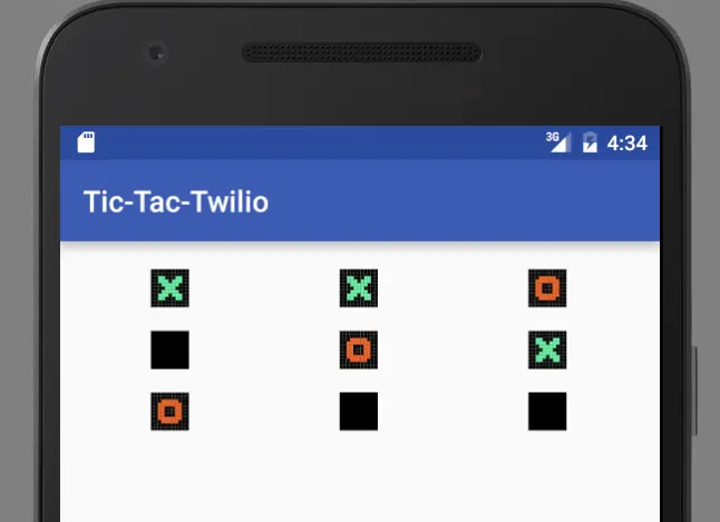 Tic-Tac-Twilio game board with X and O symbols on a mobile screen.