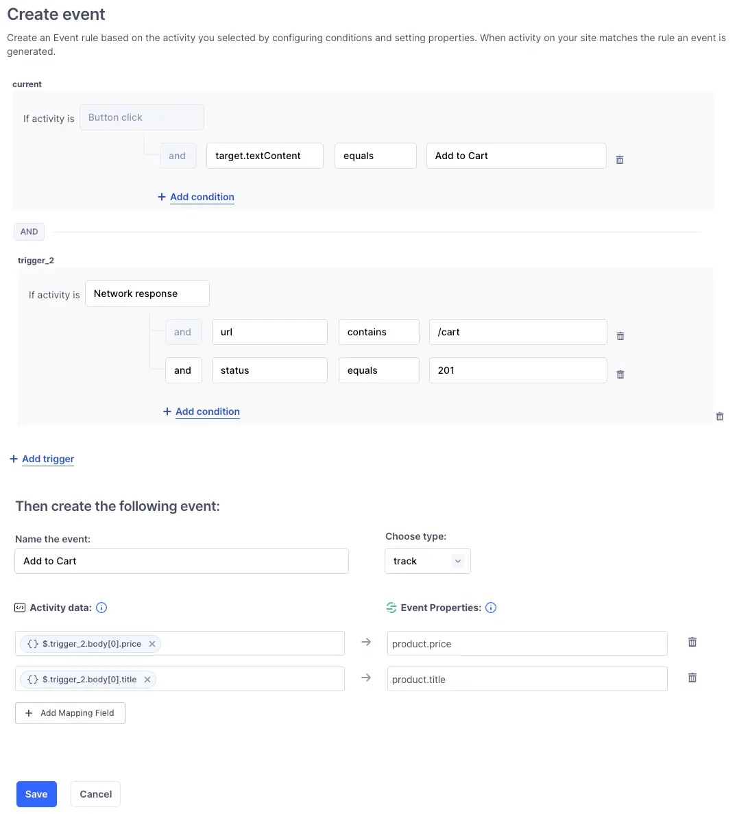 Track event rule for Add to Cart using button click and network response.