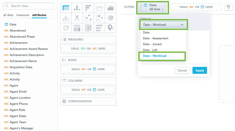 Dropdown menu showing date options including Date - Workload in a data configuration interface.