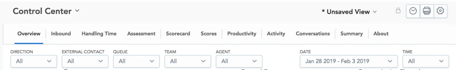 Control Center dashboard with filters for direction, contact, queue, team, agent, date, and time.