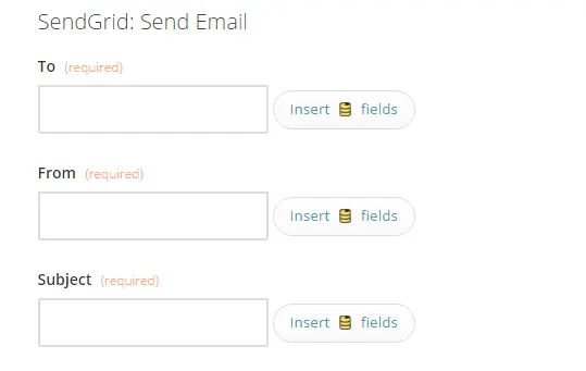 SendGrid email form with fields for To, From, and Subject, each with insert fields option.
