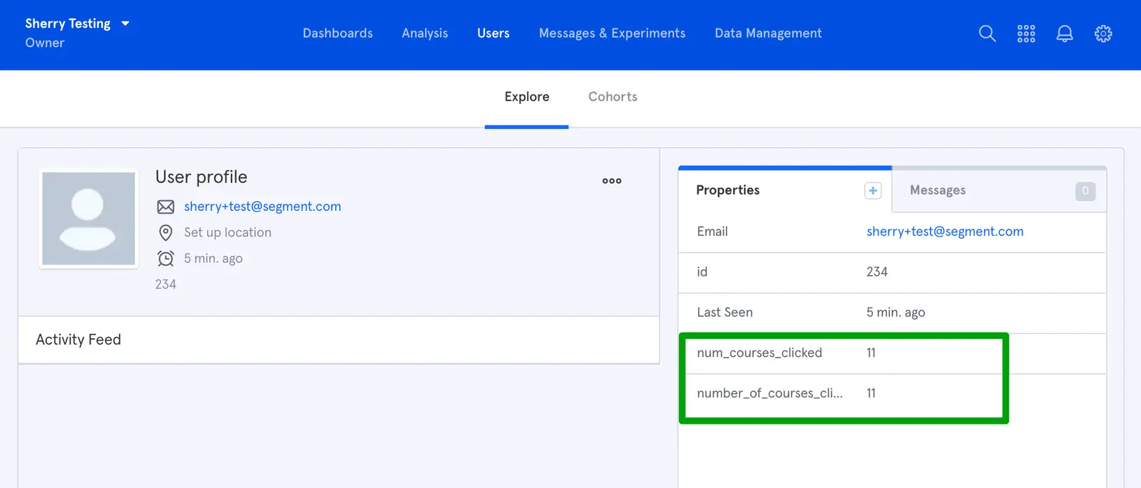Mixpanel user profile showing properties and activity feed with email and order details.