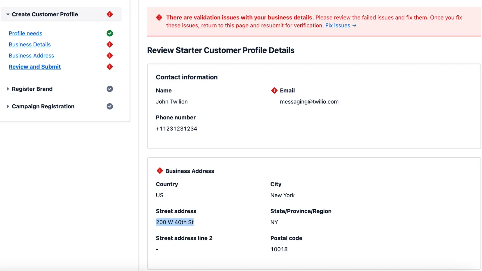 Validation issues with business details in customer profile for John Twilion.