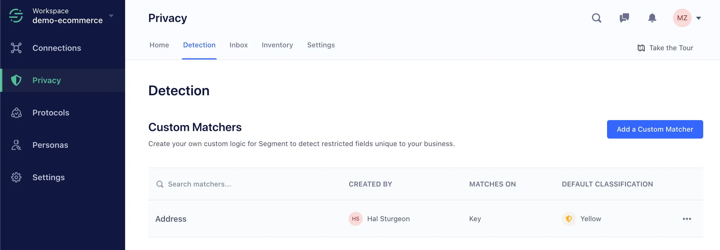Privacy Portal Detection tab with custom matchers for restricted fields.