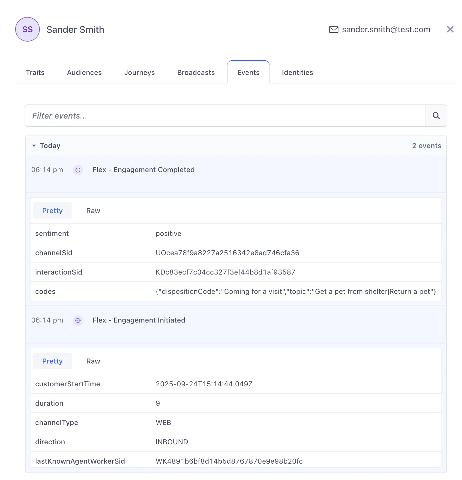 The Profile explorer events tab which displays enrichment events from customer interactions.