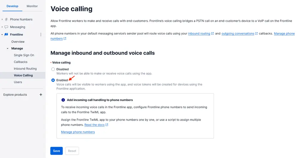 Voice calling settings with 'Enabled' option selected for managing inbound and outbound calls.