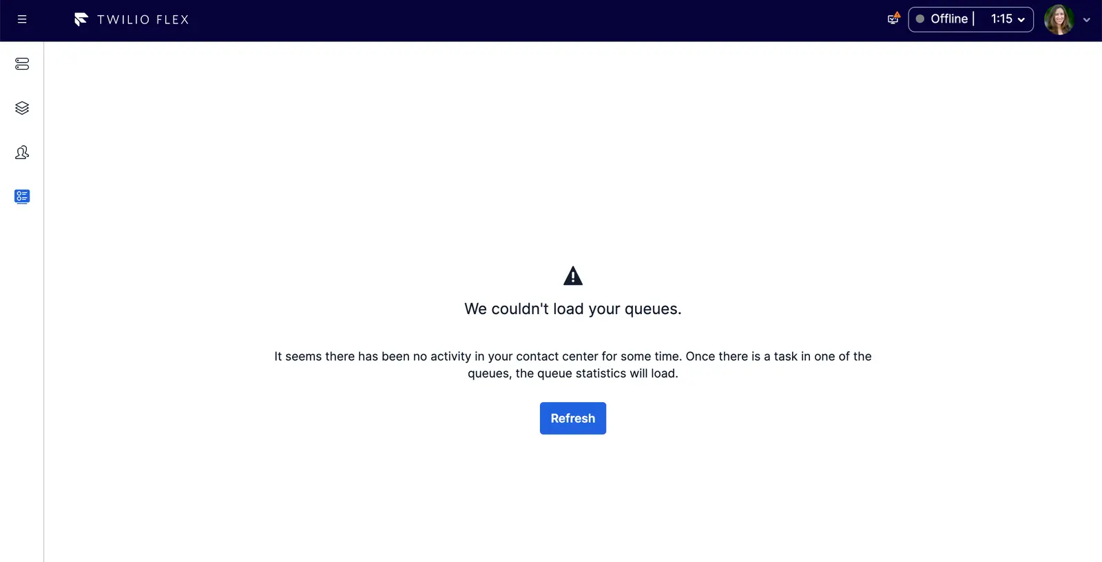 Twilio Flex queue view with 1 waiting task and longest wait of 22 seconds.