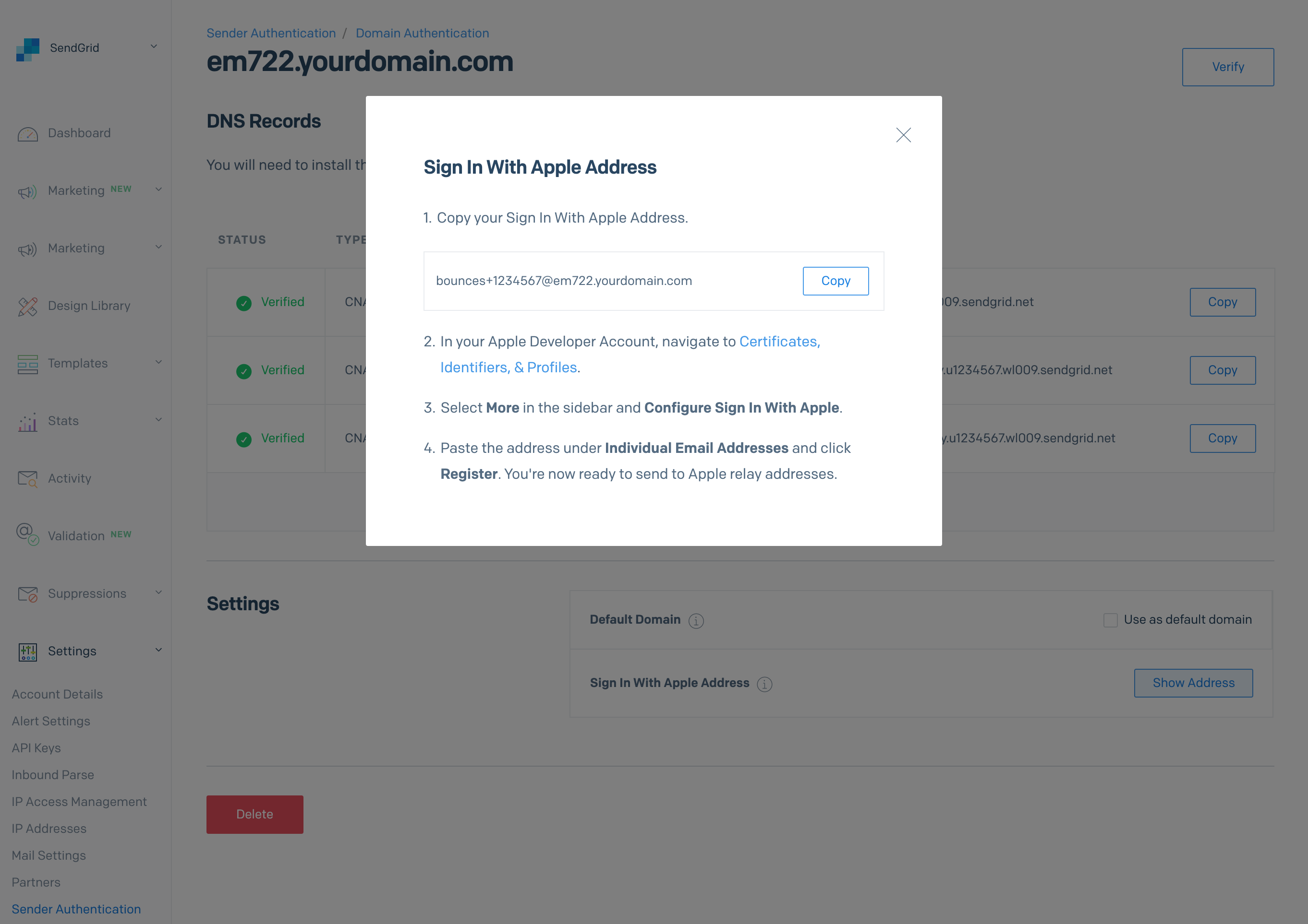 Instructions for configuring Sign In with Apple address in SendGrid.