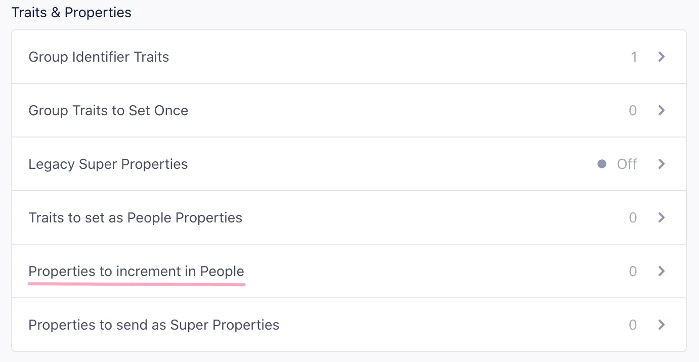 The Mixpanel Traits and Properties list with Properties to increment in People option highlighted.