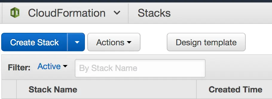 AWS CloudFormation Stacks page with Create Stack button highlighted.