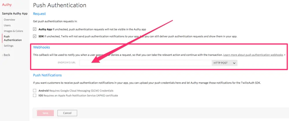 Authy push authentication settings with webhook URL input and HTTP POST option highlighted.