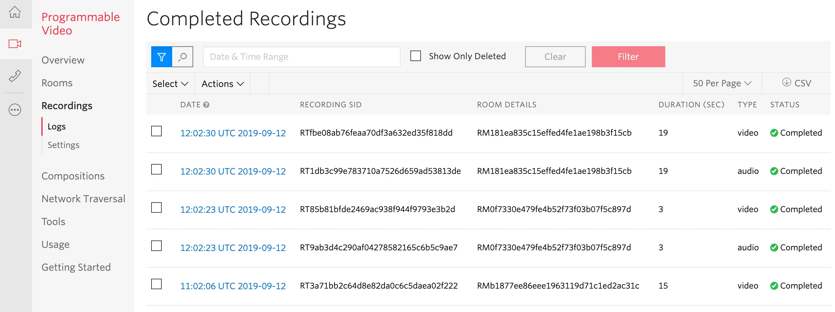 Completed recordings list with date, SID, room details, duration, type, and status.