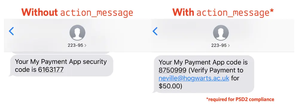 Comparison of SMS messages with and without action_message for PSD2 compliance, showing security code details.