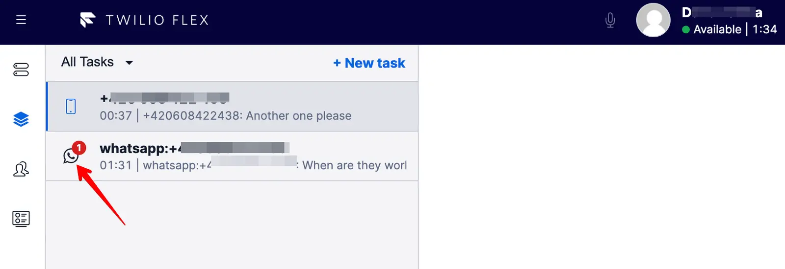 WhatsApp unread message indicator with red badge showing one new message.