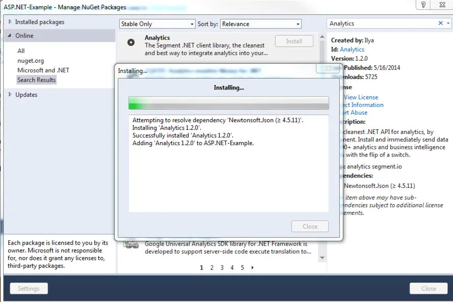 NuGet package manager installing Analytics 1.2.0 with Newtonsoft.Json dependency.