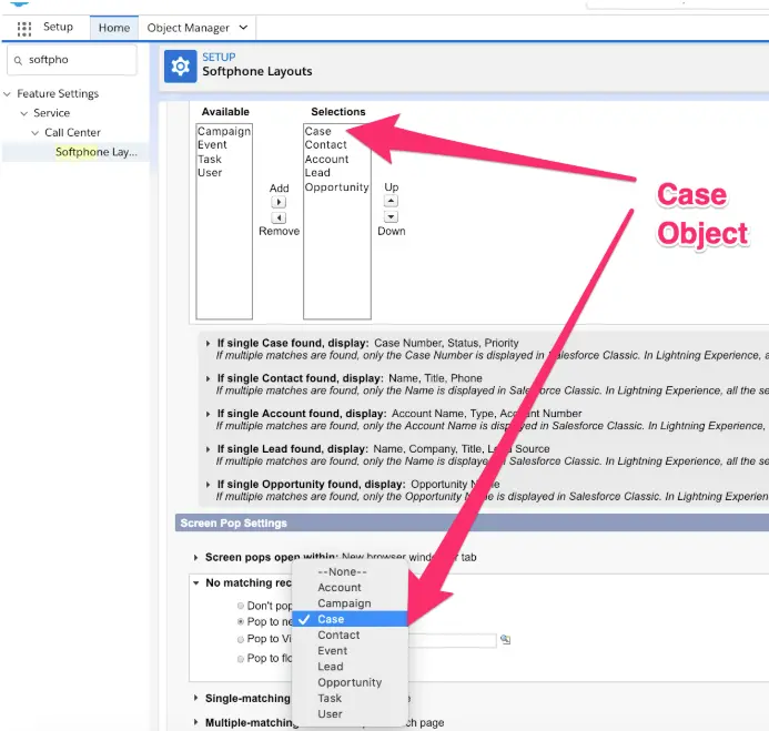 Salesforce softphone layout with Case object moved to top of selections.