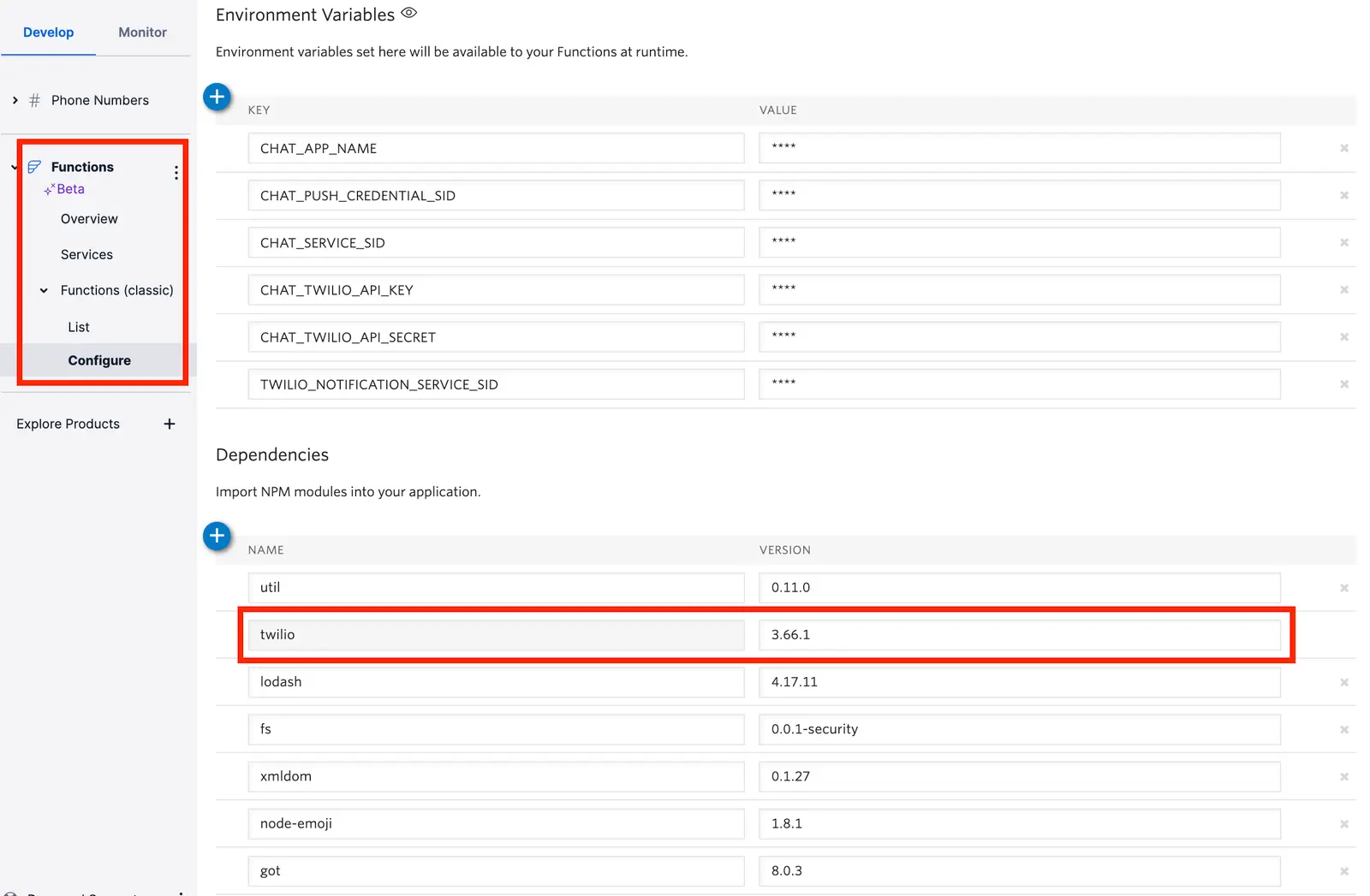 Twilio Functions environment variables and npm dependencies with Twilio version 3.66.1 highlighted.