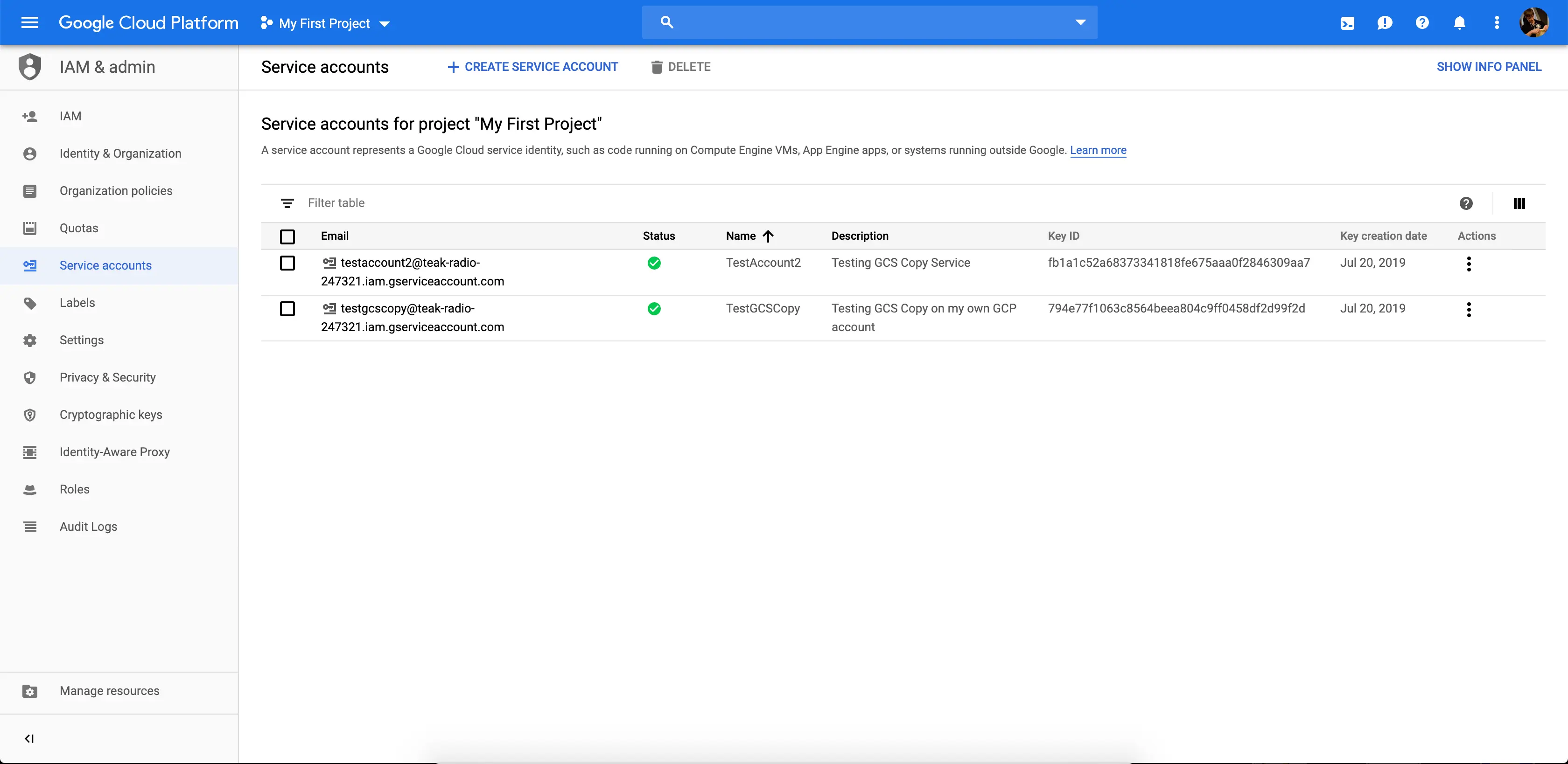 Google Cloud service accounts list for project 'My First Project' showing emails, names, and descriptions.