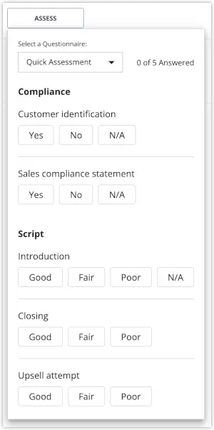 Assessment form with compliance and script evaluation options.