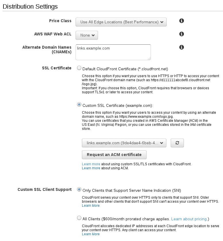 CloudFront distribution settings with options for price class, AWS WAF, CNAMEs, SSL certificates, and client support.