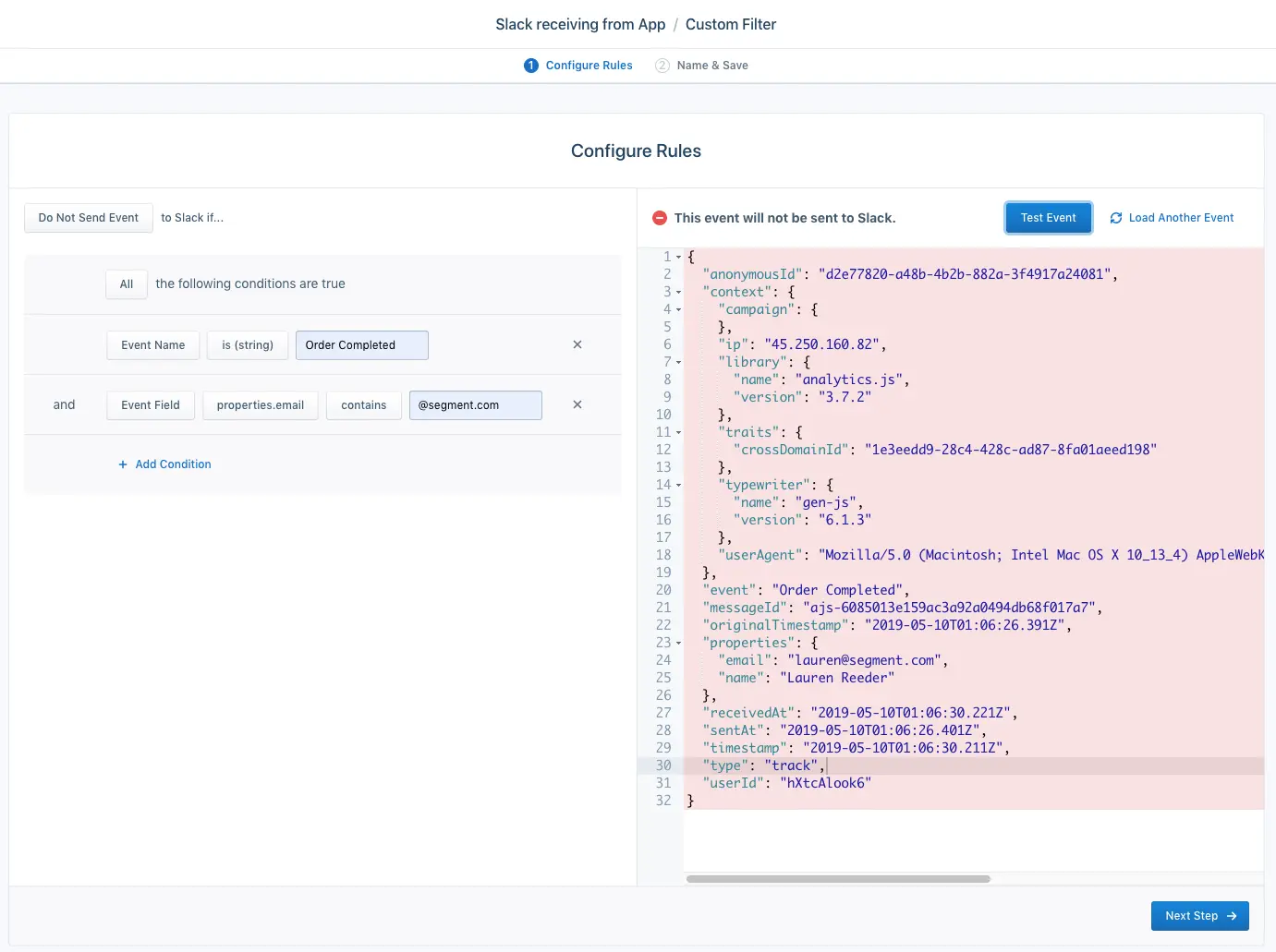 Slack filter configured to block 'Order Completed' events with '@segment.com' email.