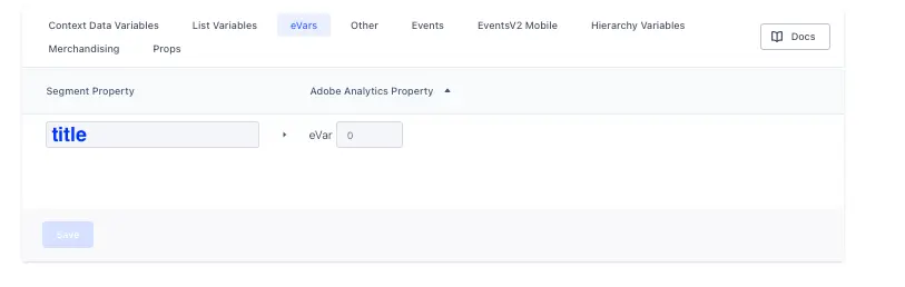 Adobe Analytics settings in Segment mapping Segment Property 'title' to 'eVar 0' under the eVars tab.